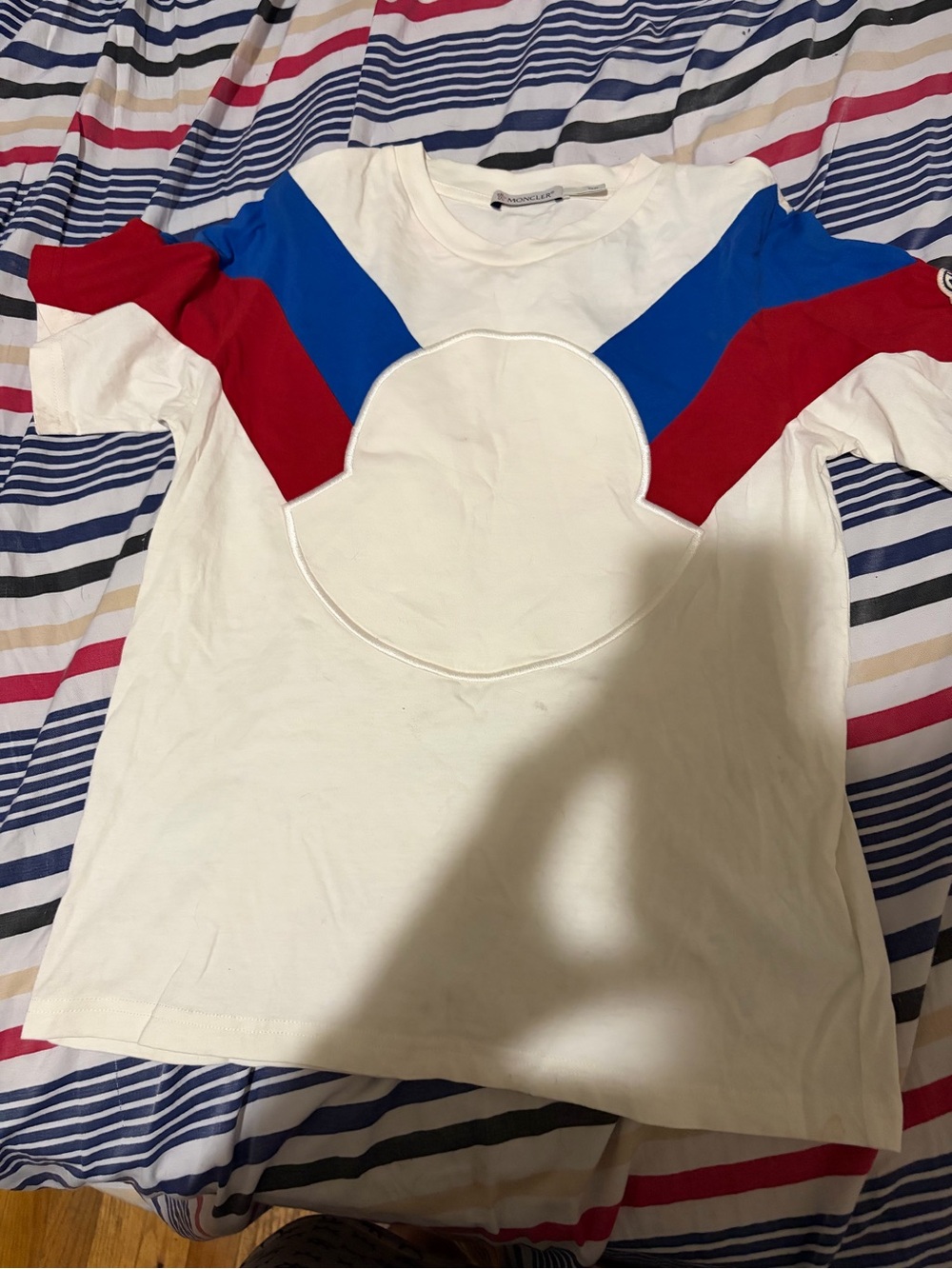 Moncler White Tee with Red & Blue Chevron Panels